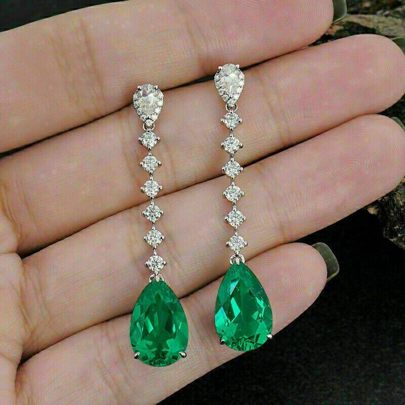 2.00 Ct Pear Cut Lab Created Green Emerald Drop Earrings 14K White Gold Finish