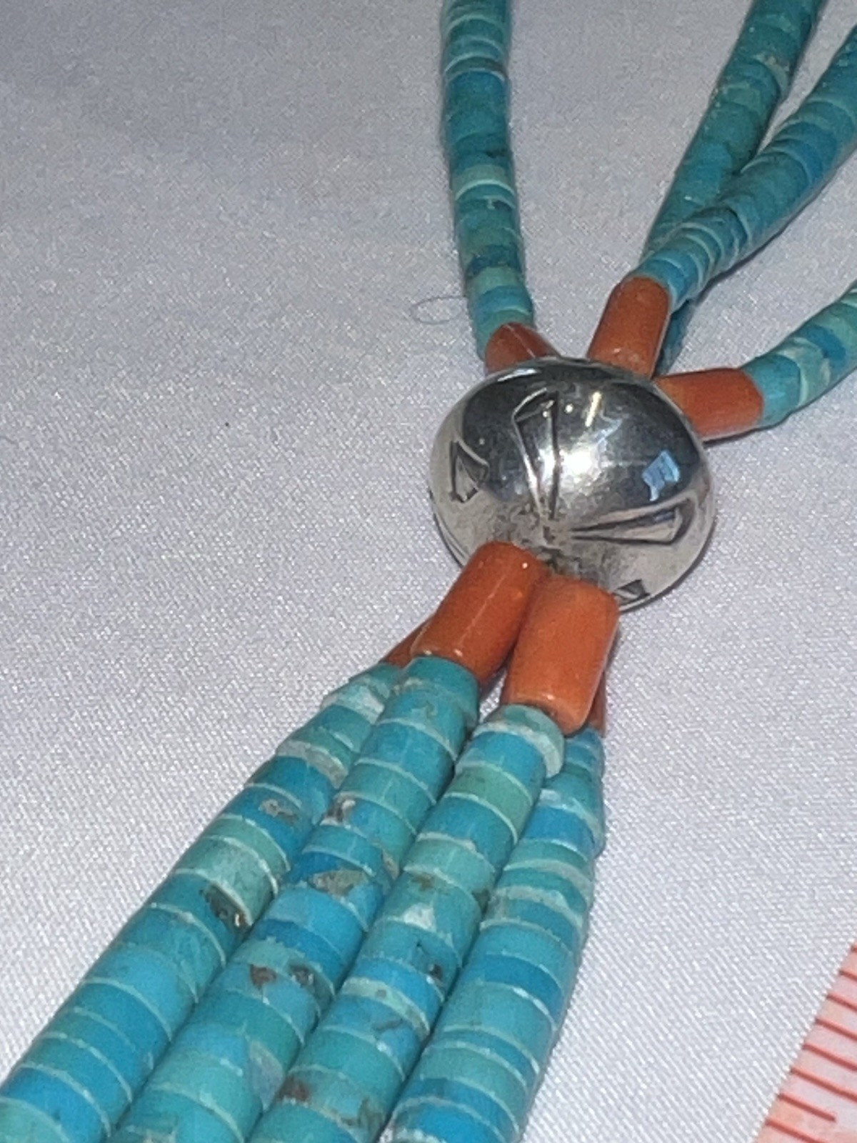Native American Turquoise Heishi Bead Multi-Strand Necklace, Sterling Pendant