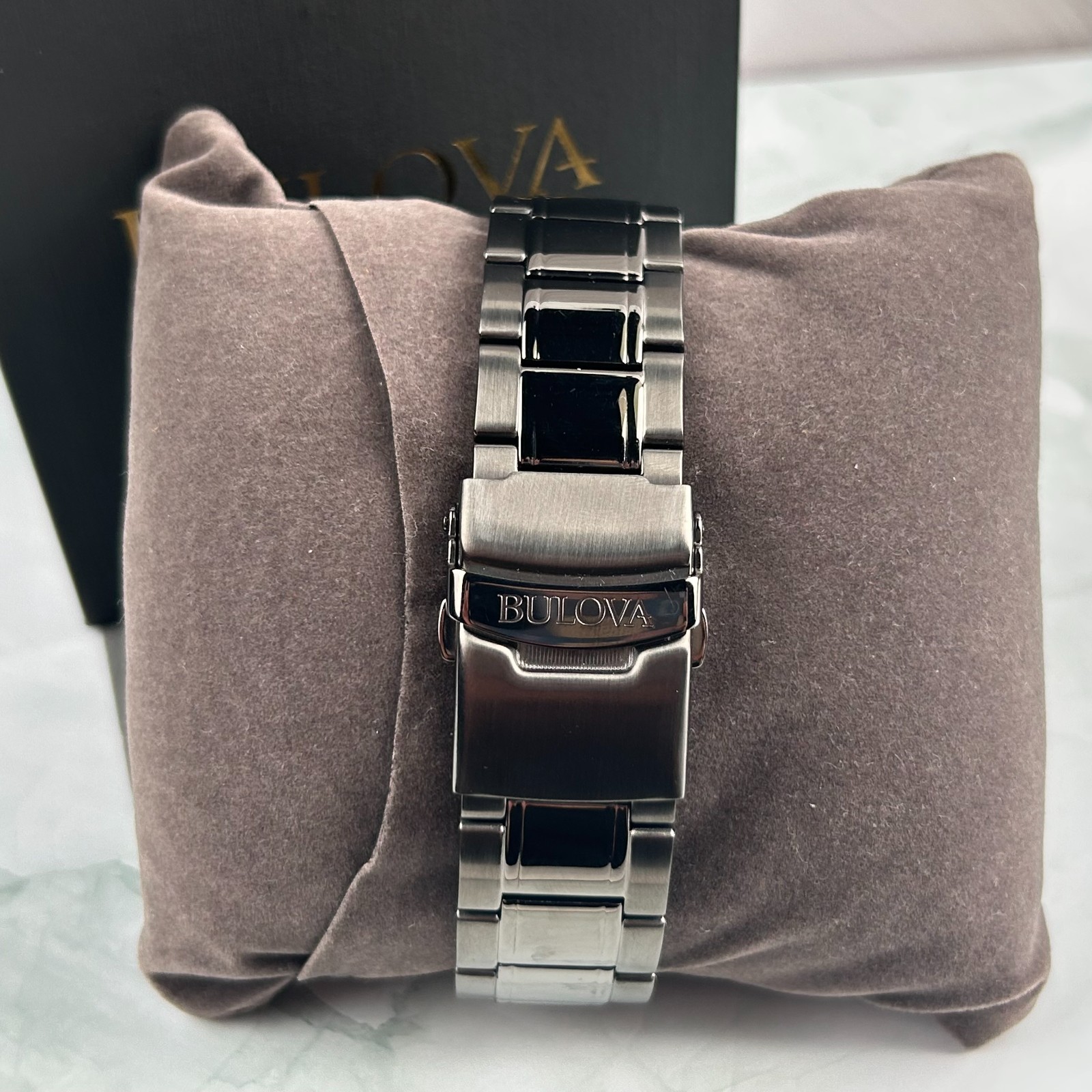 Bulova Marine Star 98B350 Red Dial Gray Band Chronograph Men’s Quartz Watch 43MM