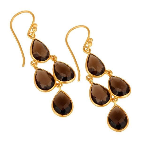 14K Gold Plated Sterling Silver Bezel Set Smoky Quartz Chandelier Earrings