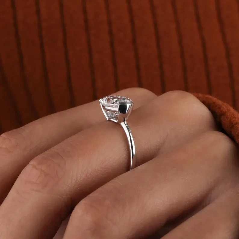 2Ct Oval Moissanite East West Half Bezel Engagement Ring 14k White Gold Plated