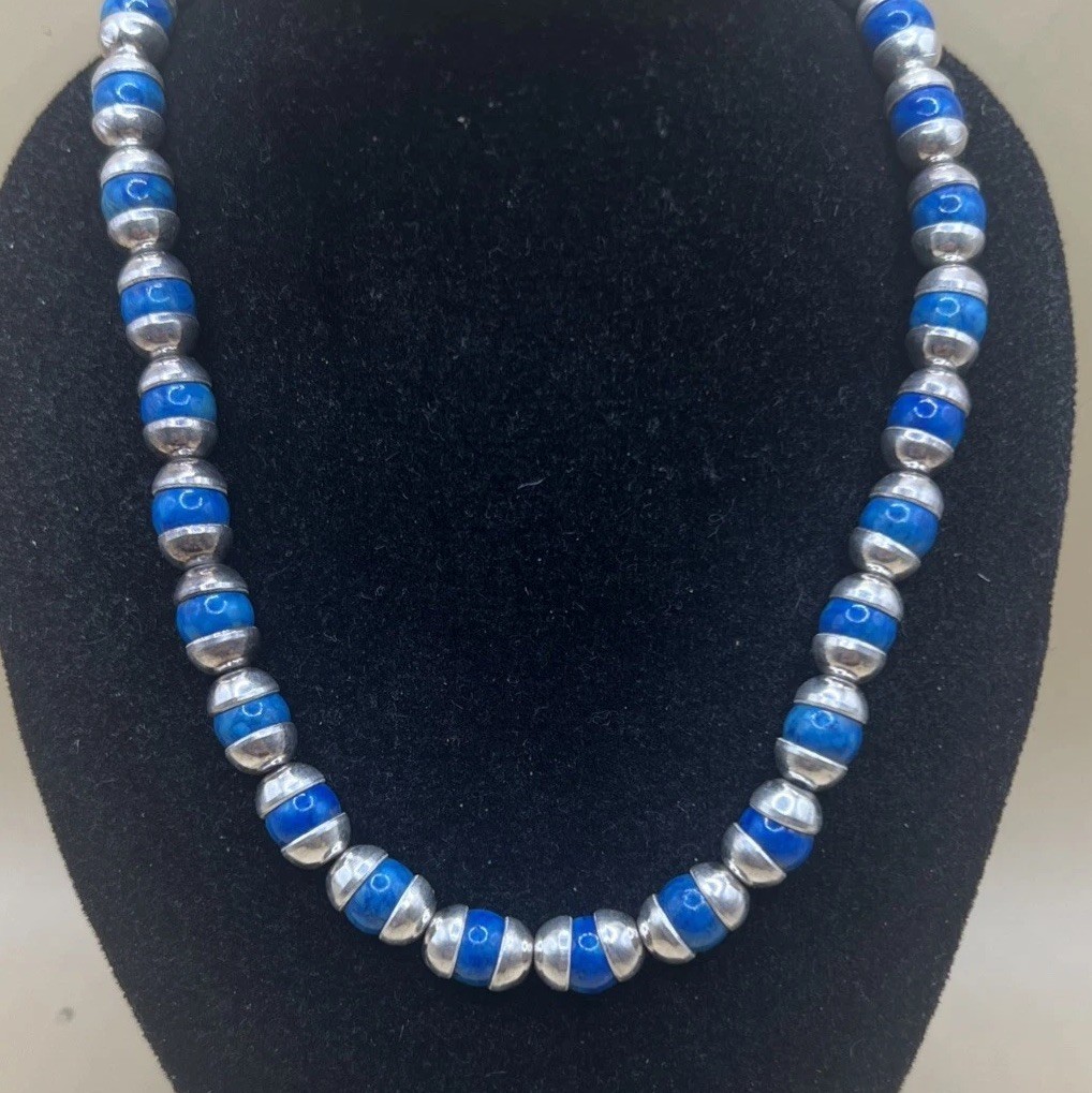 Taxco Mexico Blue Turquoise Bead Set Sterling Silver Necklace 22.5in (55.1g)