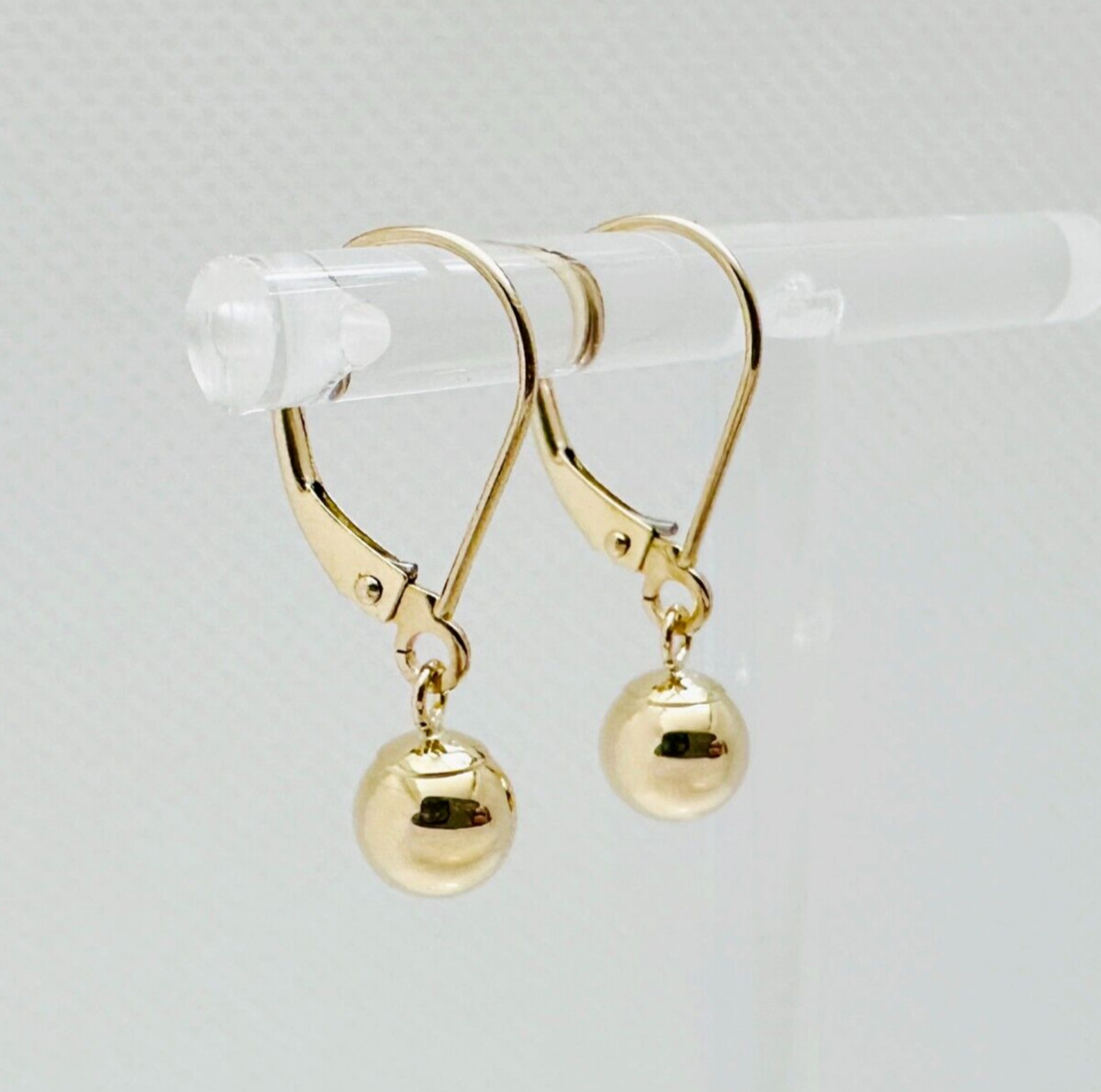 14K Solid Yellow Gold 6mm Ball Bead Drop/Dangle Leverback Earrings 23mm .90″