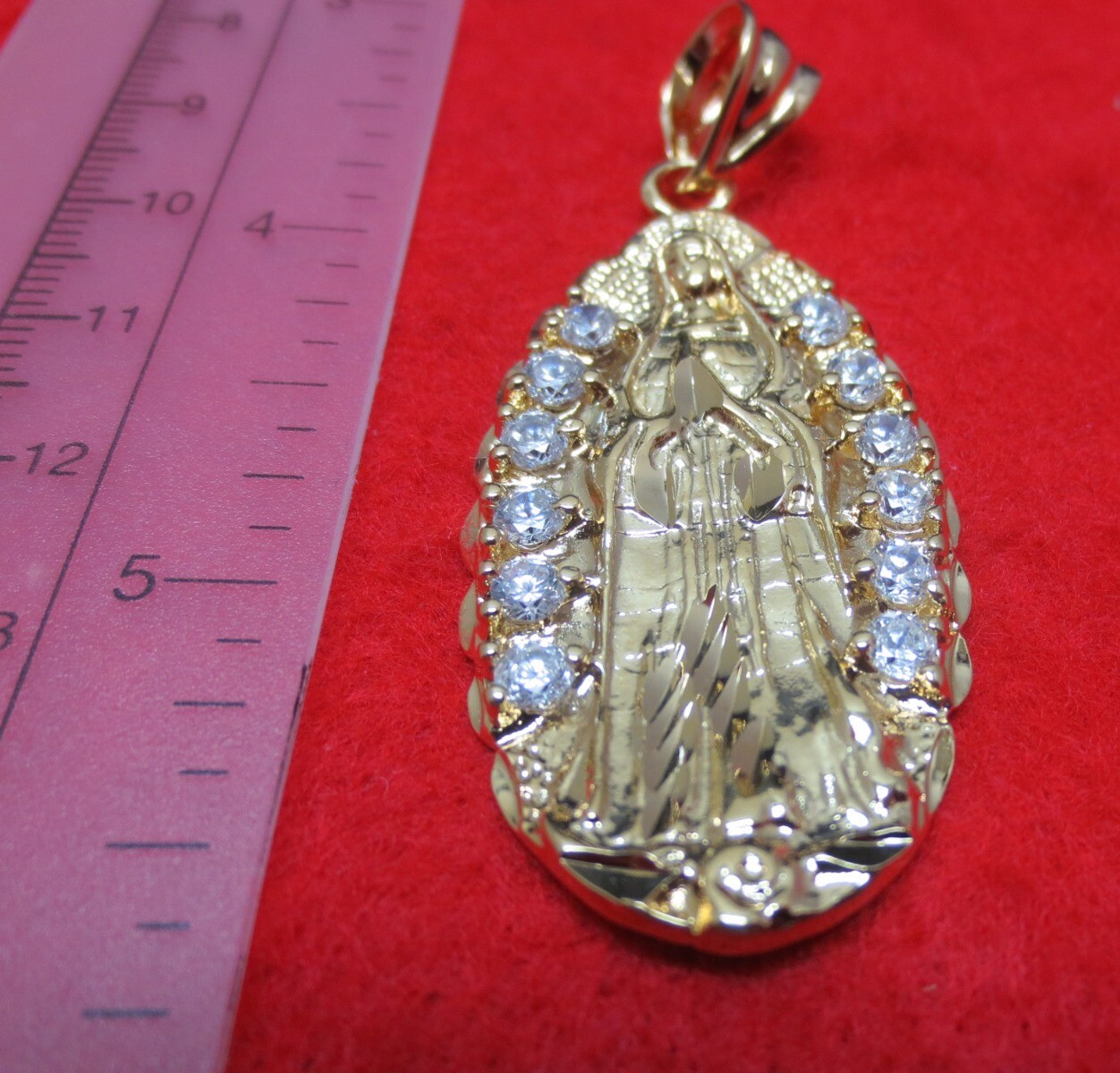14KT GOLD EP MADONNA MEDALLION WITH CZ CHARM PENDANT ABOUT 2 1/2 INCHES-8505