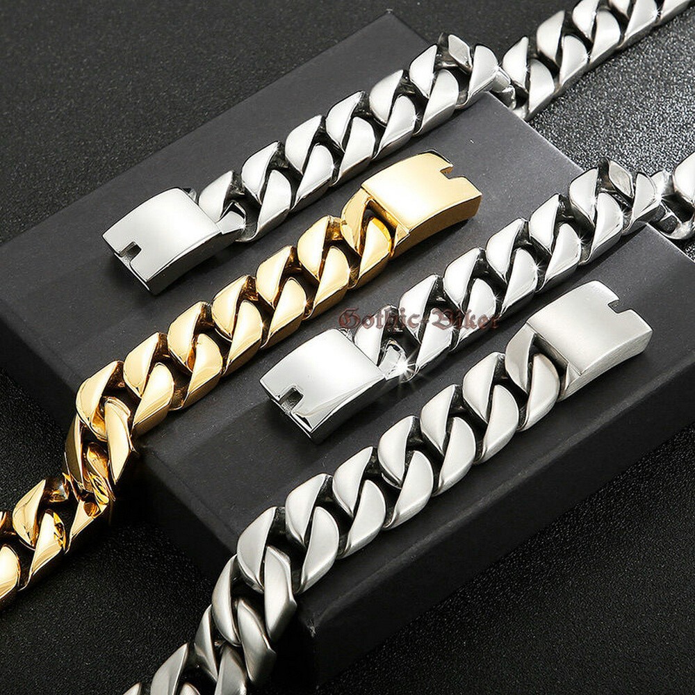 Heavy Mens Silver Curb Cuban Link Bracelet Stainless Steel Chain 20mm Polish