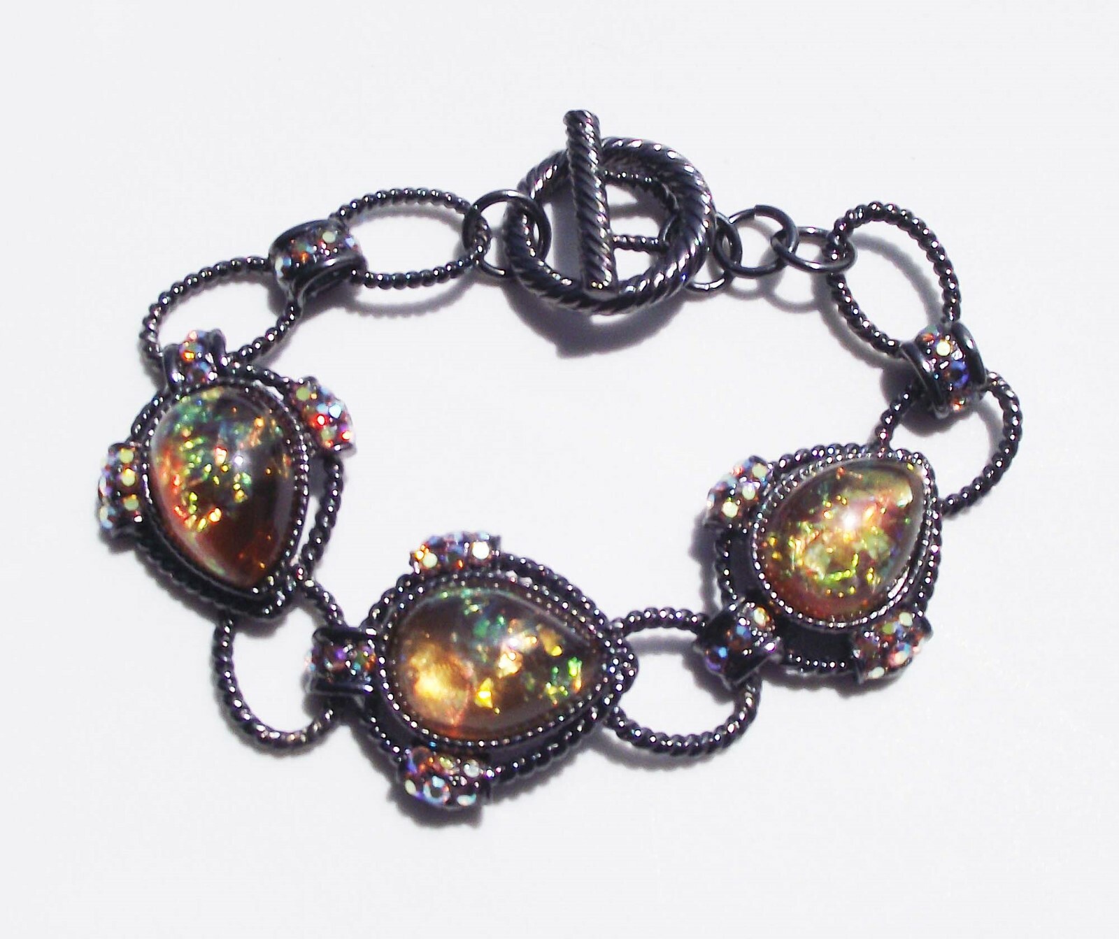 DESIGNER INSPIRED 7.5 IN BLACK BLUE GREEN GOLD ORANGE FAUX OPAL TOGGLE BRACELET