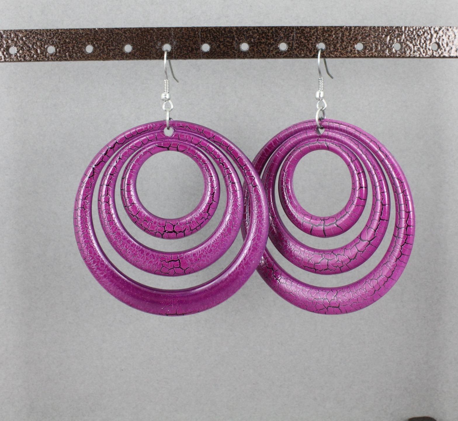 Purple Black earrings lightweight dangle round circle plastic disc 3.25″ long