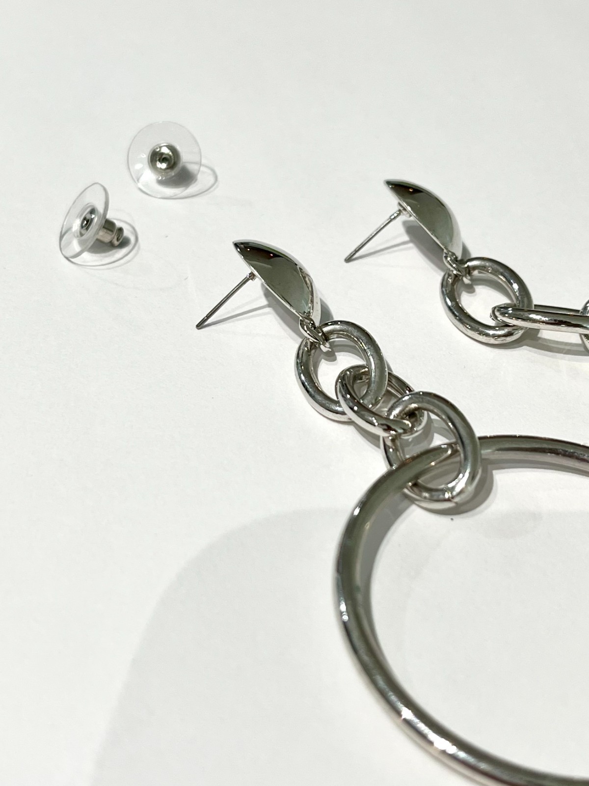 Silver Tone Large Hoop Chain Drop Earrings Pair