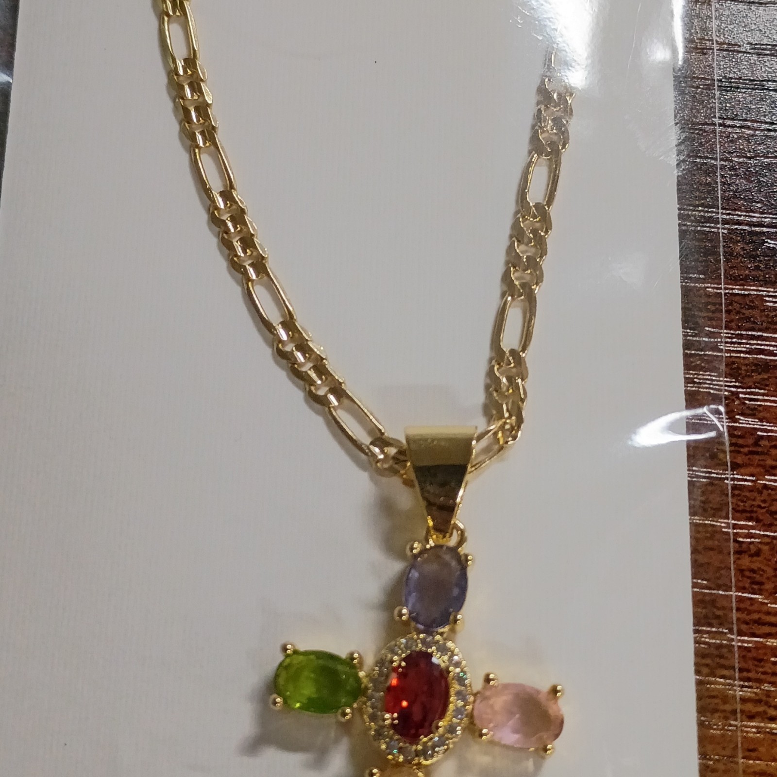 Laminated Gold Chain Necklace w/ Multicolor Cross Pendant 20 “
