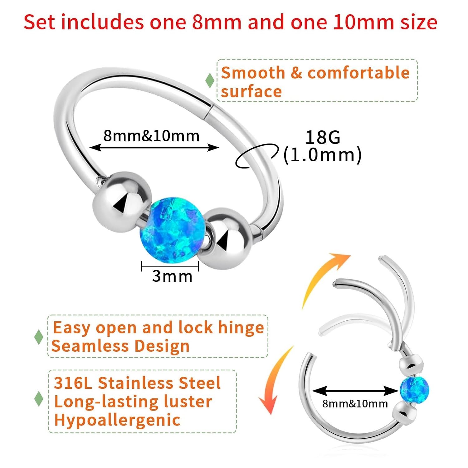 Thiswhyimbeauty 2PCS 18g Opal Nose Rings for Women Nose Hoops 8mm/10mm Hypoaller