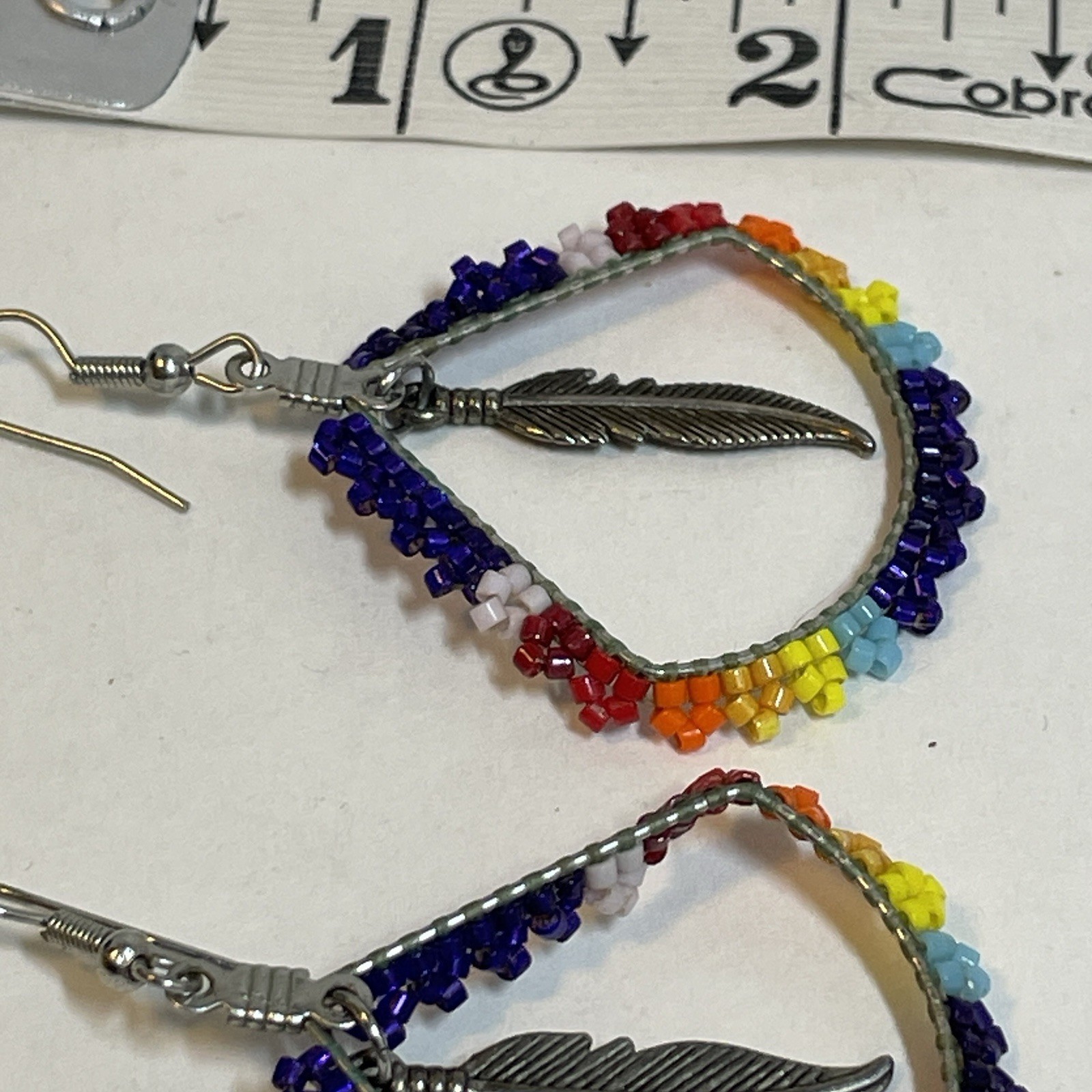 Vintage Rainbow Seed Bead Hoop Wire Earrings Silver Tone Festival Boho Colorful