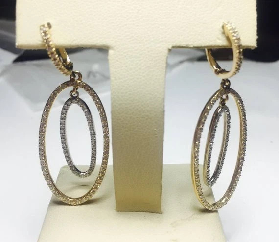 2CT Real VVS Moissanite Oval Shape Dangle Drop Earrings 14K Two-Tone Gold Plated