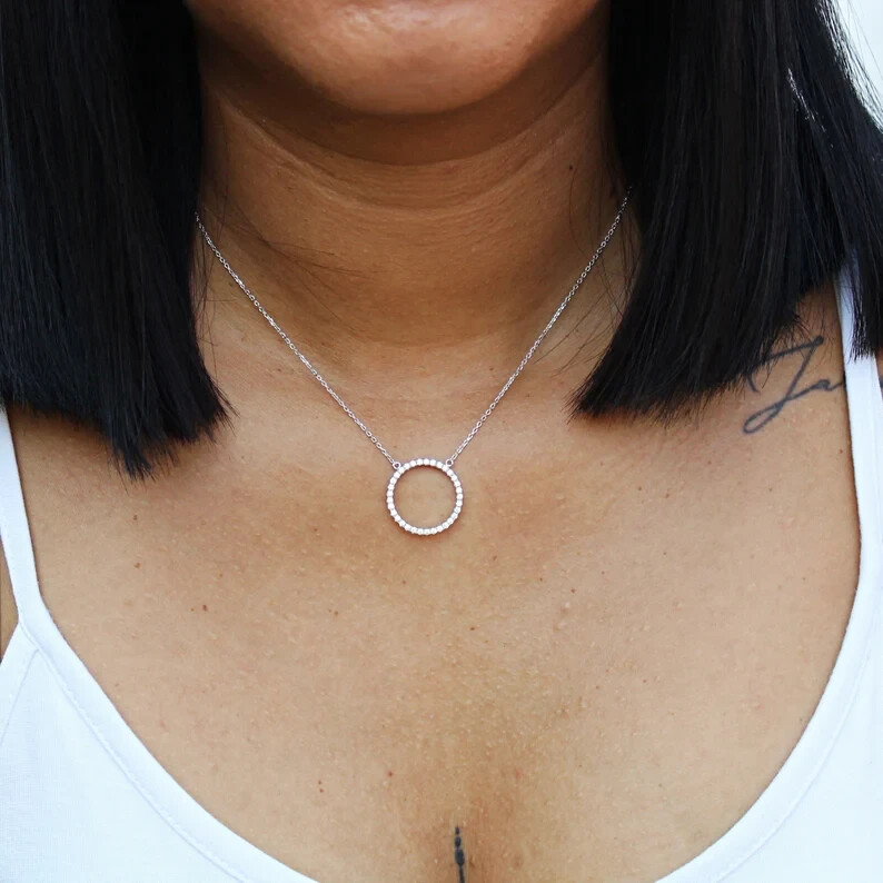 925 Sterling Silver Cubic Zirconia Circle Pendant Necklace For Women – 18″