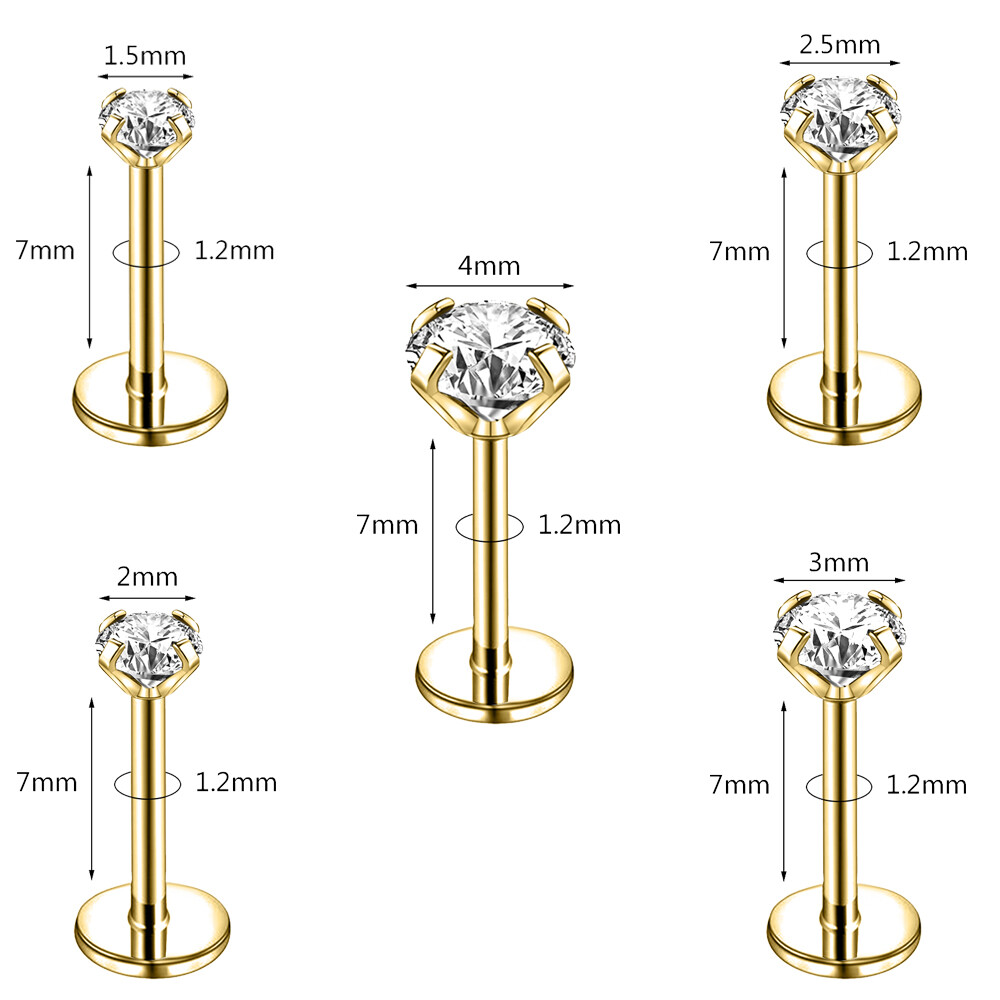 10Pcs Stainless Steel Labret Lip Stud Push in CZ Monroe Ear Helix Conch Piercing