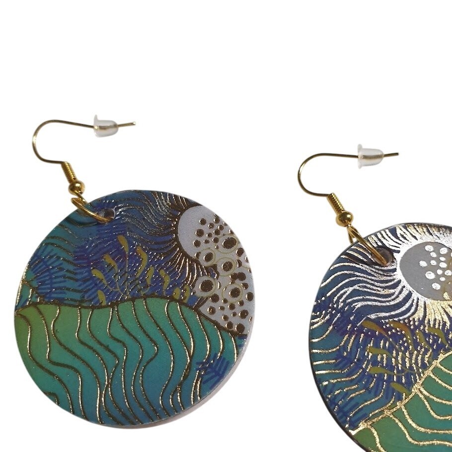 Handcrafted Round Dangle Earrings Blue Green Gold Wave Dangle Hook Boho Gift