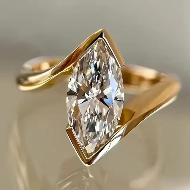 3Ct Moissanite Marquise Cut 14K Yellow Gold Plated Solitaire Engagement Ring