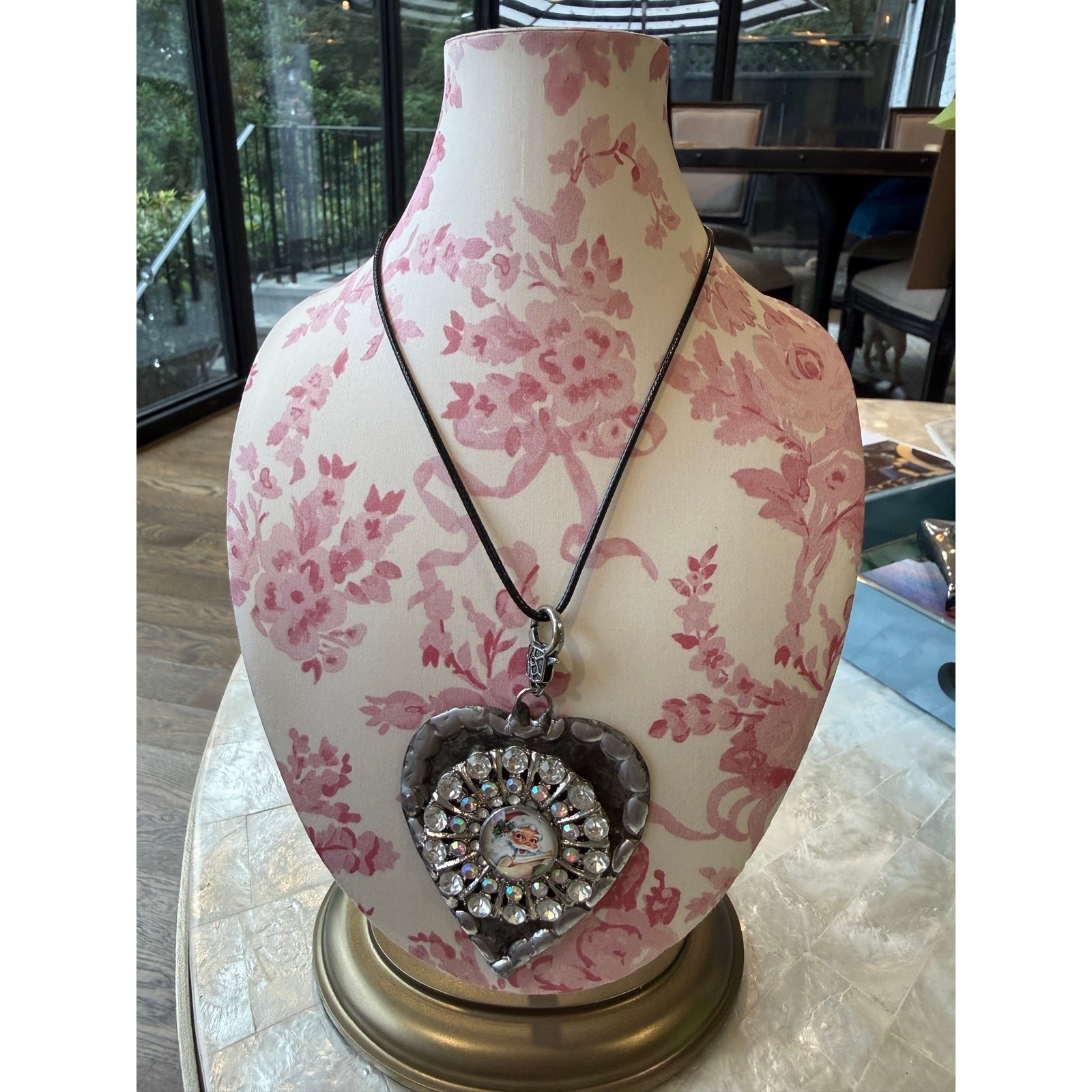Santa Christmas St. Nicholas Art Necklace w Pendant Sparkly Vintage Style