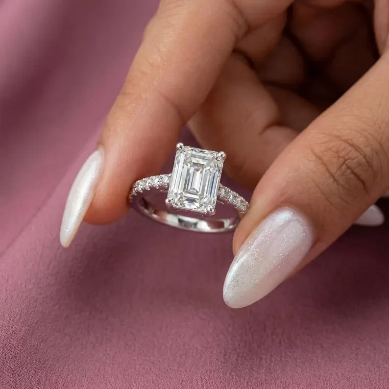 Best Offer For Engagement Ring ! Emerald Cut Lab Grown Diamond 14k White Gold