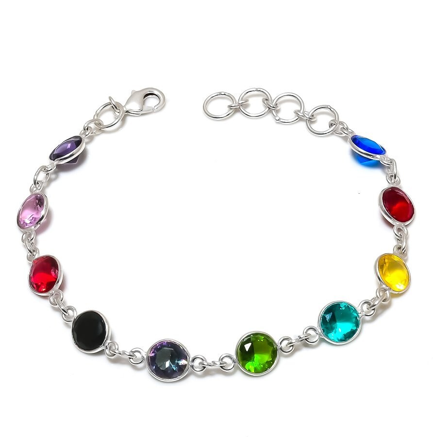 Nice Multi Color Gemstone Handmade 925 Sterling Silver Jewelry Bracelet Sz 7-8″