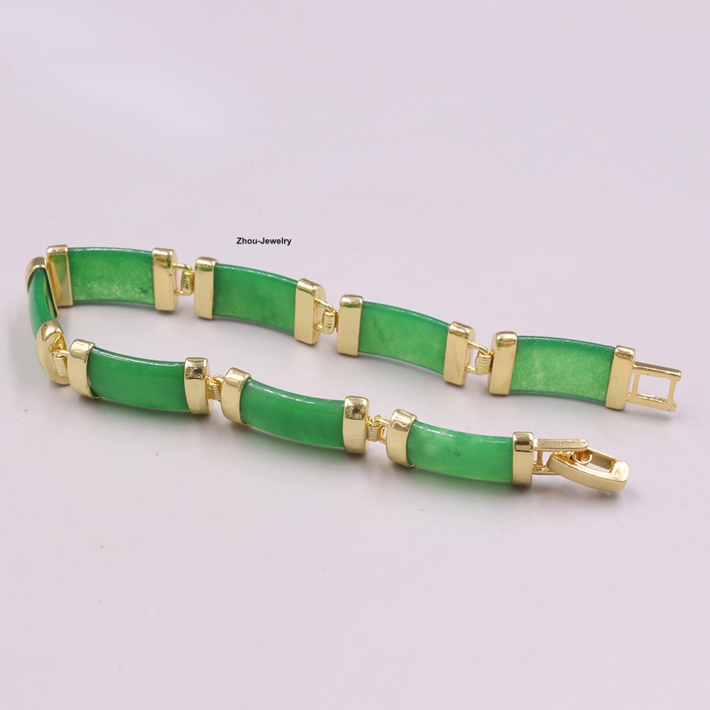 UNIQUE Yellow GP Heated Green Jade Chain Women 10mm Jade Link Bracelet 7.48inch