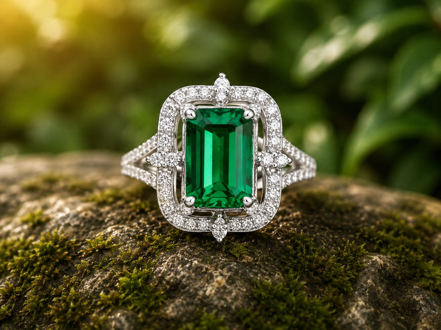 3Ct Emerald Cut Lab Created Green Emerald Halo Engagement 14K White Gold Plated