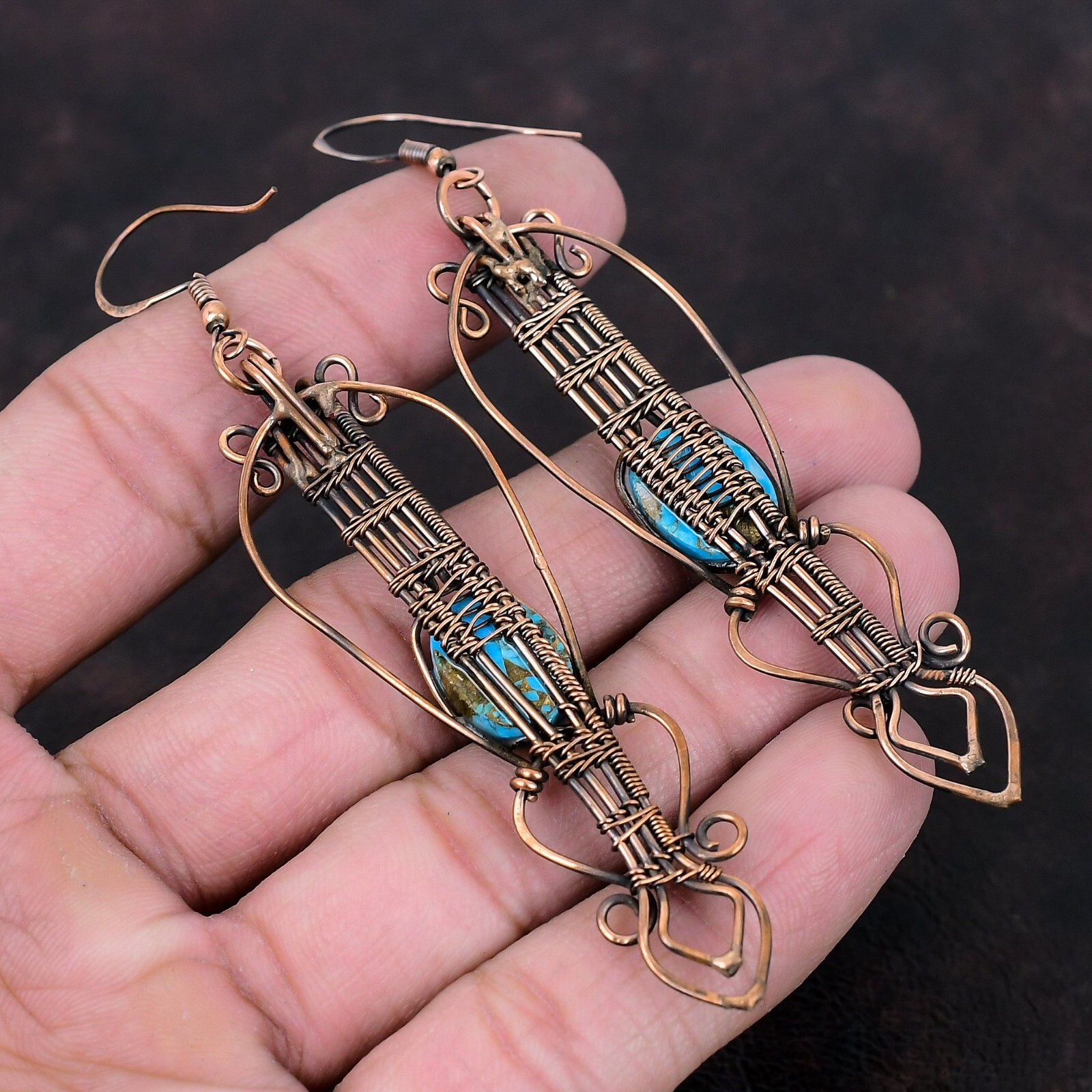 Gift For Her Blue Turquoise Wire Wrapped Drop/Dangle Earrings Copper 3.82″