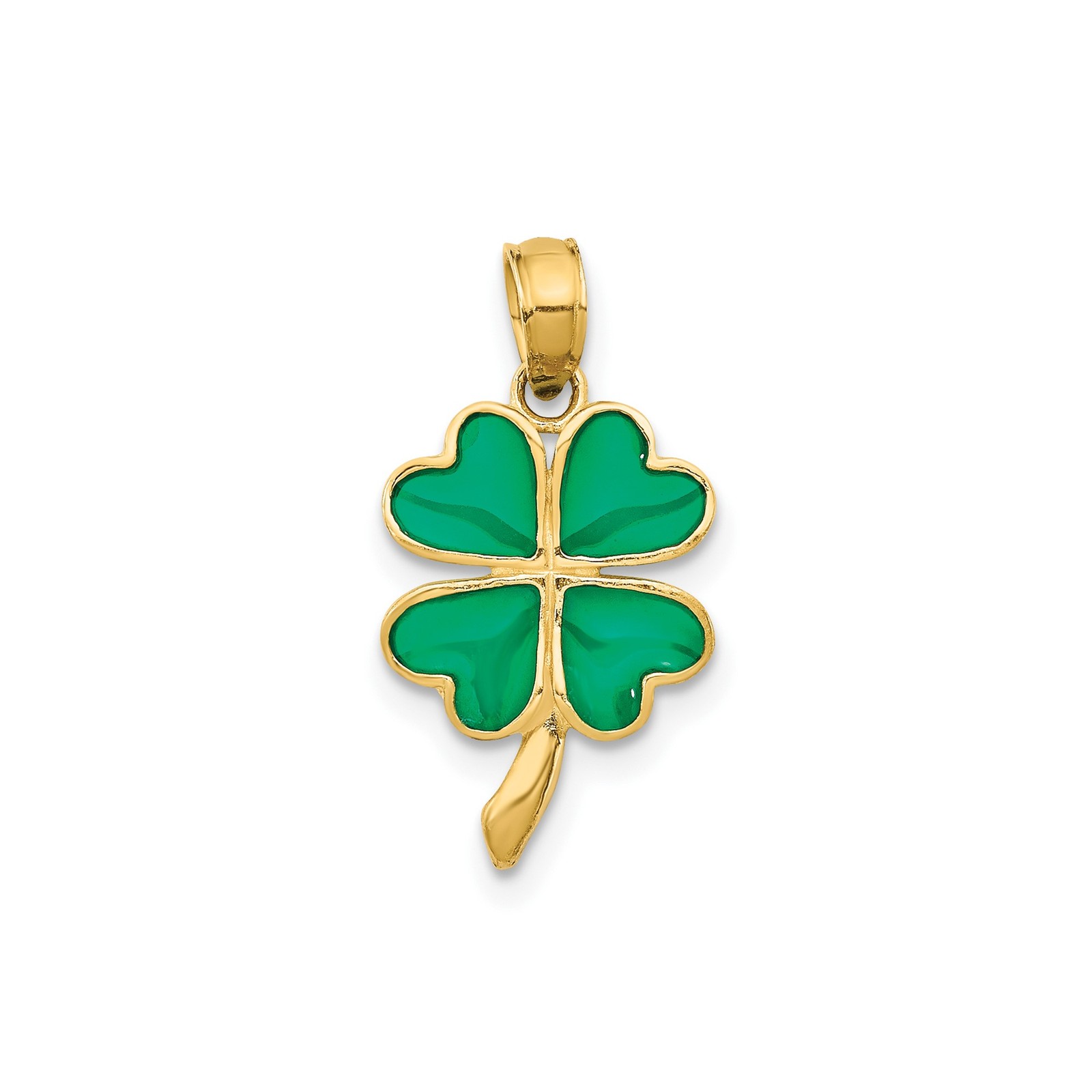 10k Yellow Gold Four-Leaf Clover Pendant Green Enamel Charm for Necklace Irish