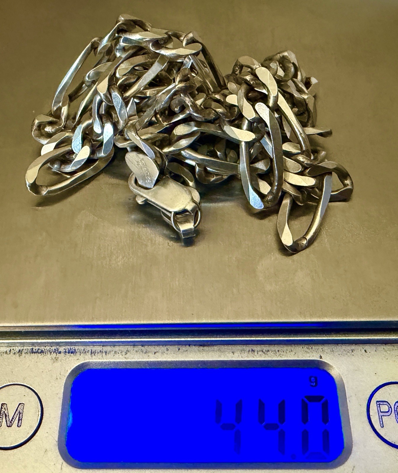 Sterling Silver Figaro Necklace 28” Long 44 Grams 7.5 MM Wide.