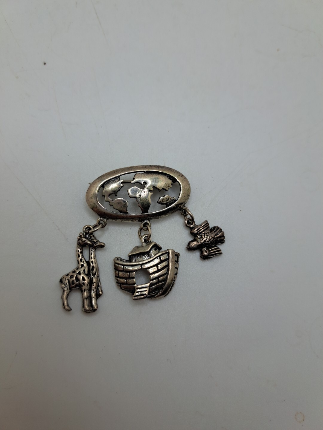 Vtg STERLING SILVER 925 NOAHS ARK WORLD DANGLE CHARM PIN BIBLE STORY CHRISTIAN