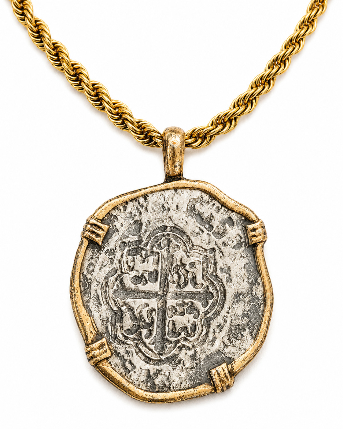 ATOCHA Coin Pendant Necklace Stainless Steel Replica w/ Gold Plated Rope Chain