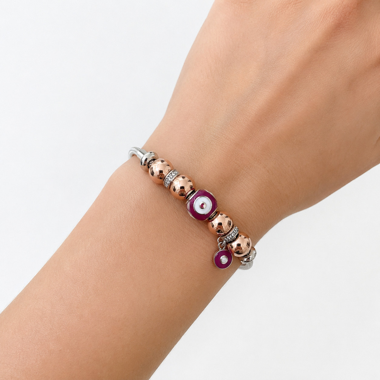 Women’s Charm Bracelet (Silver) with Evil Eye & Pave Beads