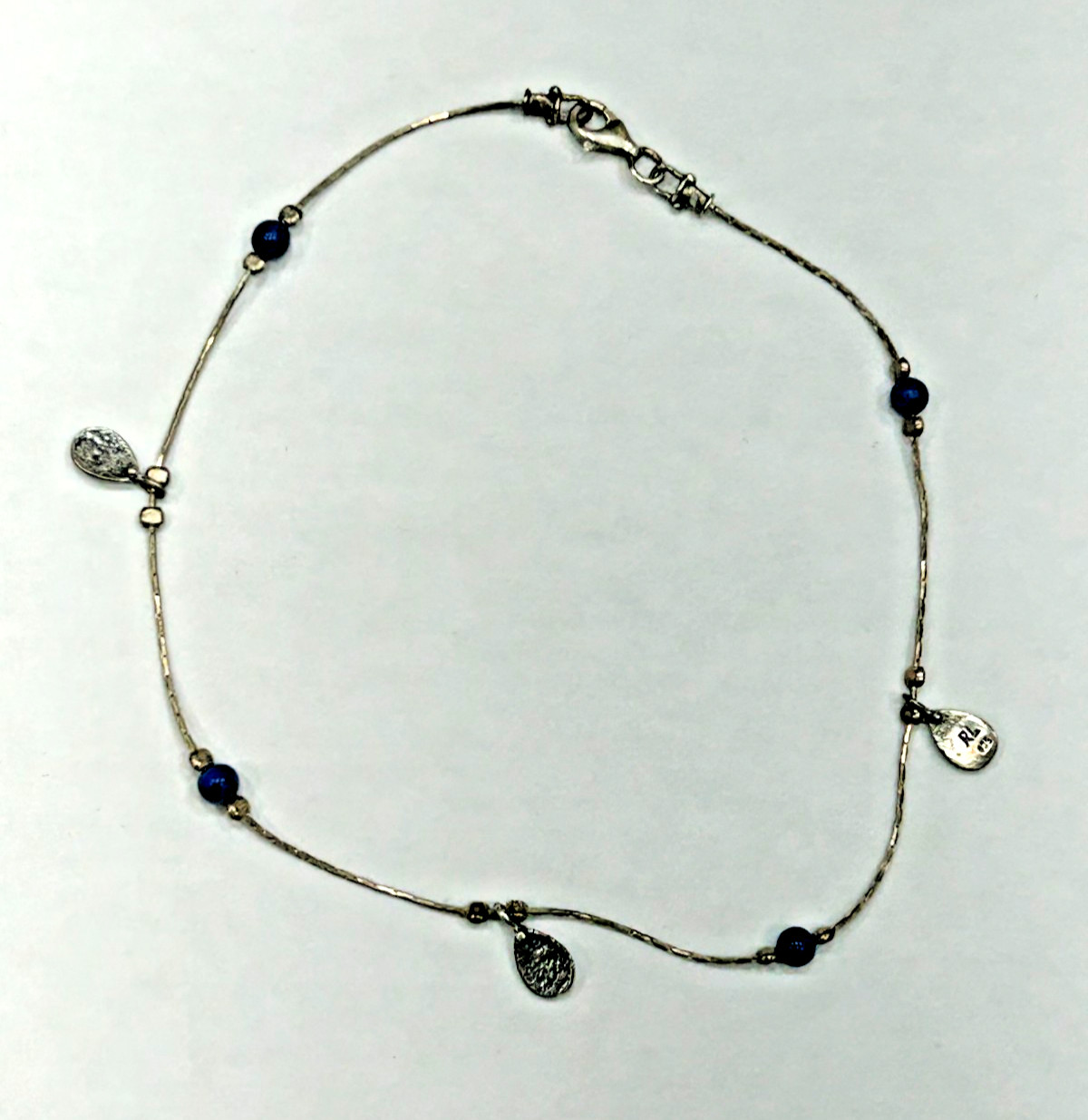 Signed RL 95 Sterling silver Blue Lapis Gemstone Anklet 11 Inches Ralph Lauren