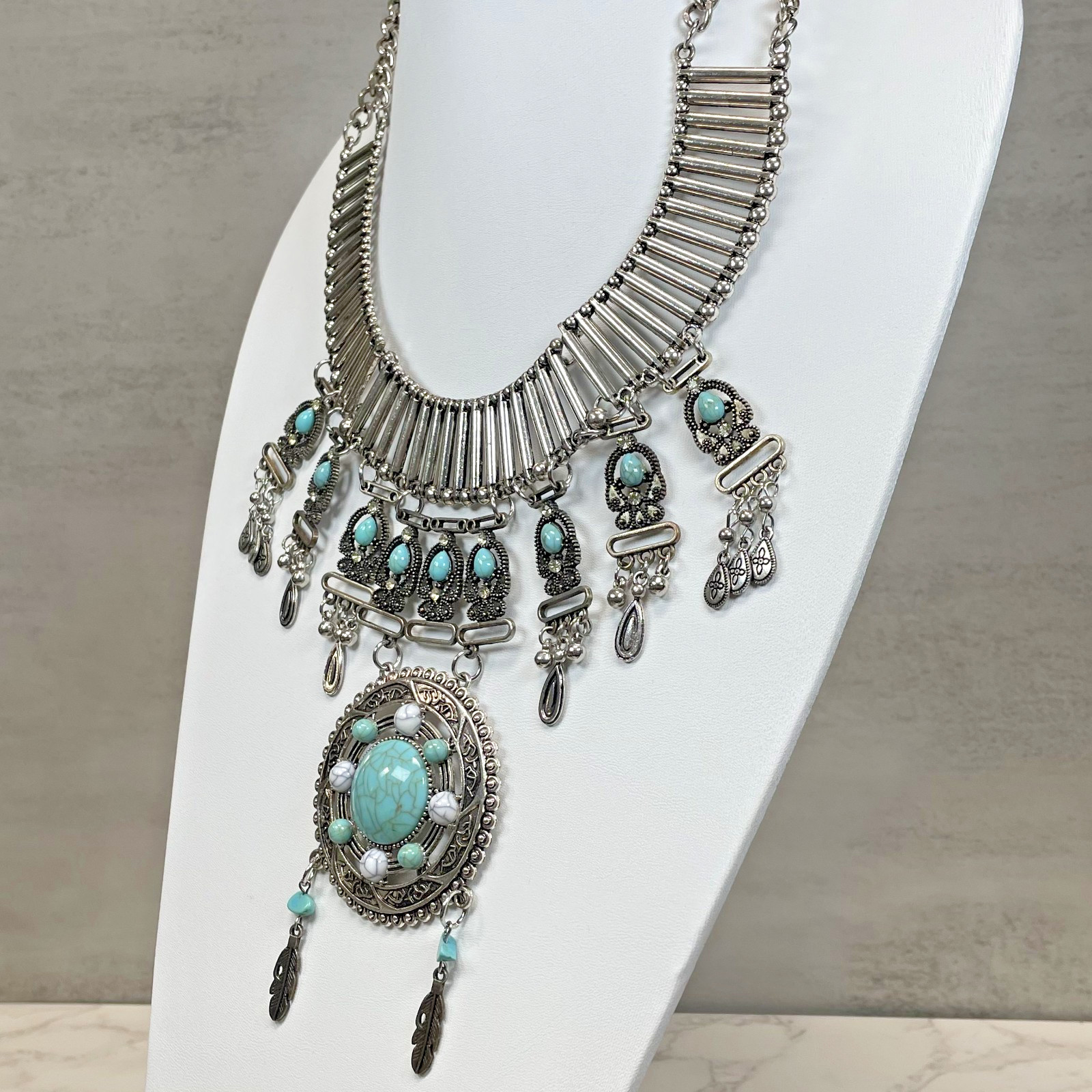 Silver Tone Faux Turquoise Matrix Statement Necklace Feather Bead Southwestern