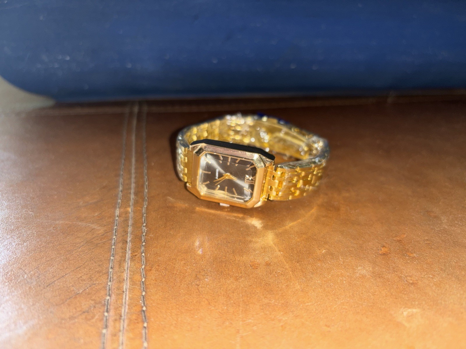 Gold Tone Rectangle Analog Wristwatch Gold Metal Bracelet Black Dial Stick