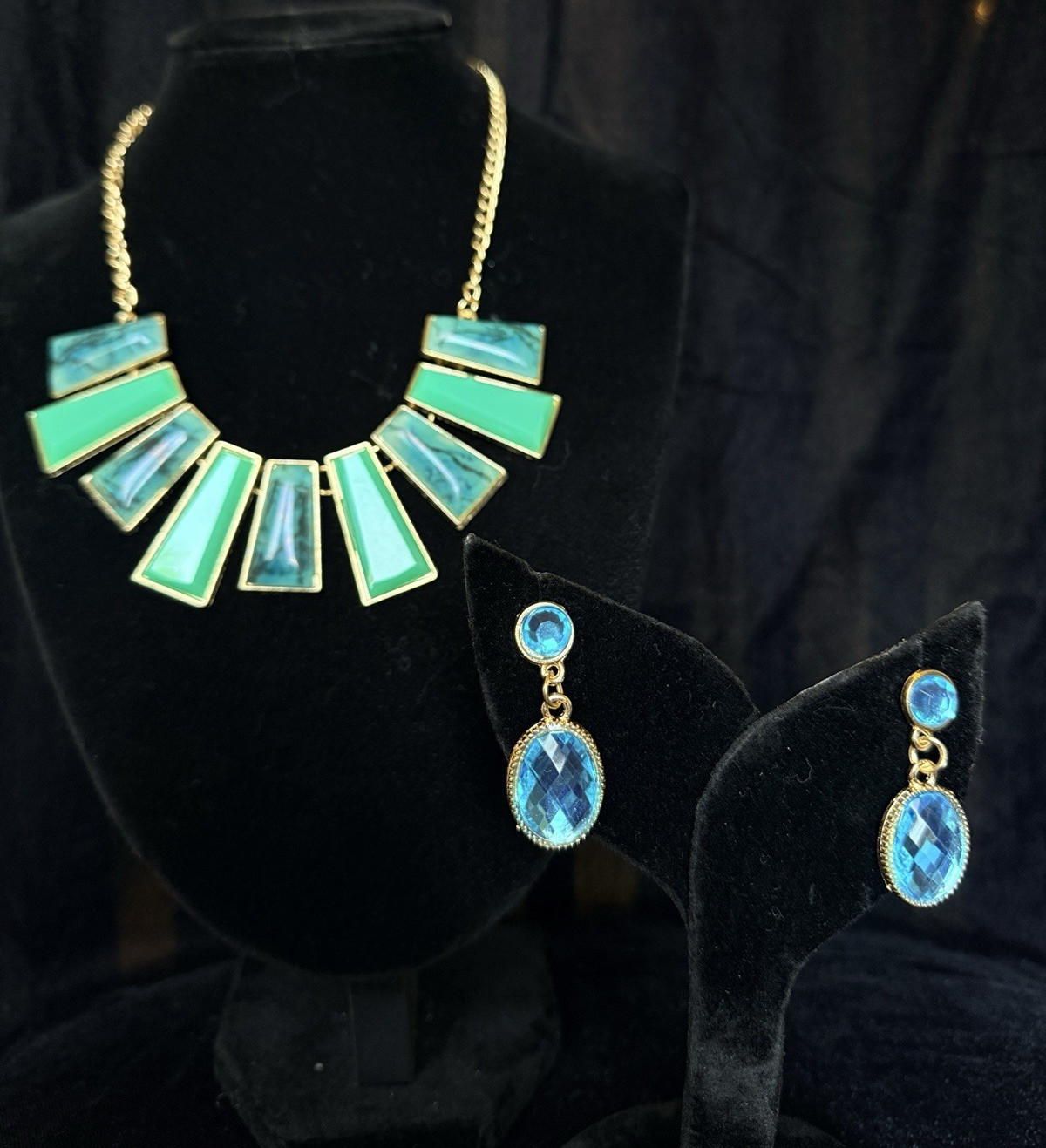 Blue Green Gold Oval Necklace & Earrings Jewelry Set Fashion