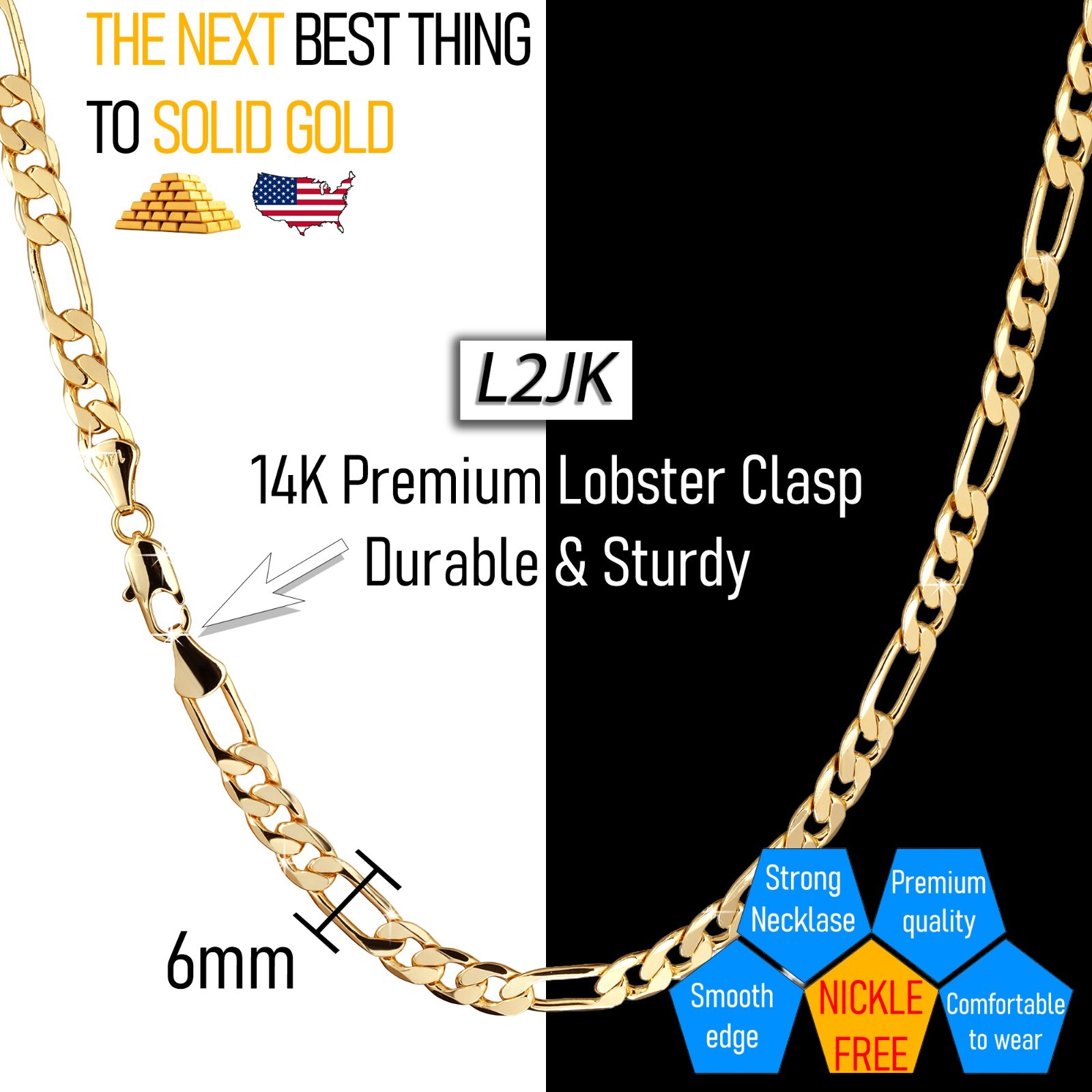 Figaro Chain Necklace 14K Gold Plated 6mm 24″ Hip Hop Fashion For Men’ & Women