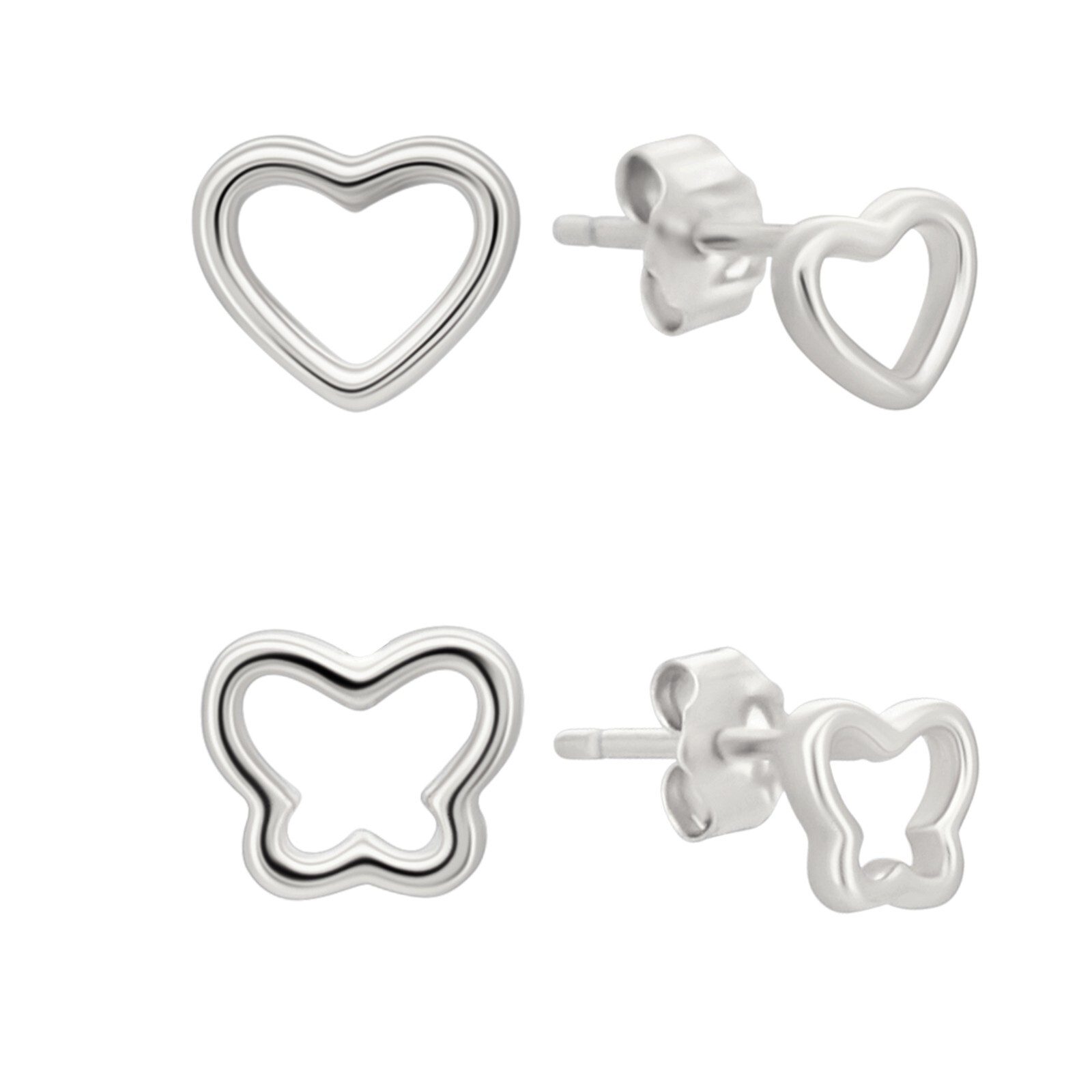 Heart and Butterfly Sterling Silver Minimalist Push Back Stud Earrings