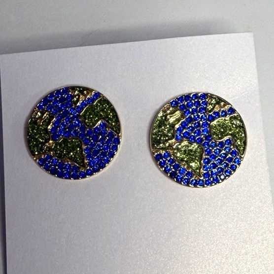 BaubleBar Earth Planet Earrings Blue Green Gold Rhinestone World Stud Earrings