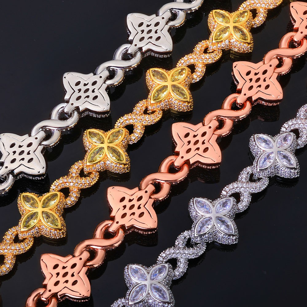 18K Gold Plated Four Leaf Clover Chain 5A Iced CZ Out Hip Hop Jewelry for Men