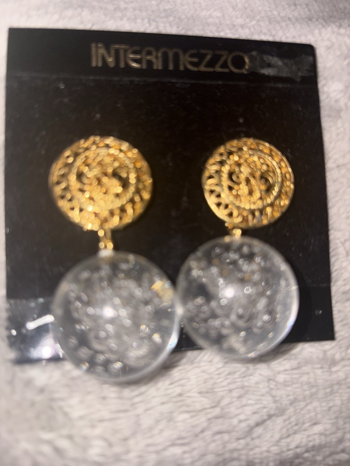 Intermezzo Gold Tone Filigree Round Disc Clear Bubble Dangle Earrings vintage