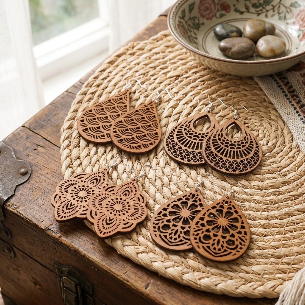 4 Pairs Wooden Dangle Earrings Boho Laser Cut Filigree Teardrop Jewelry Set