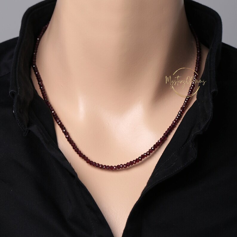 Natural Red Garnet Faceted Round Gemstone Beaded Necklace 18″ Women Jewelry Gift