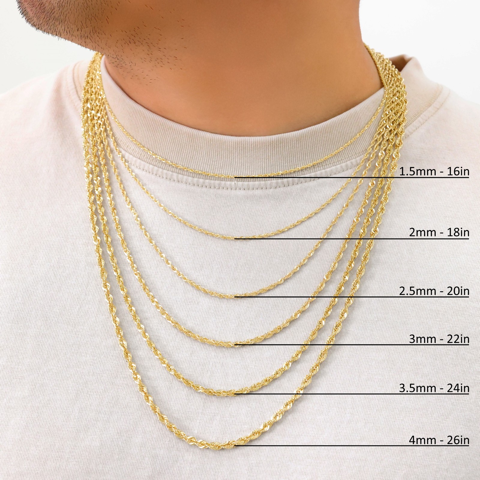 14K Yellow Gold 1mm-4mm Light Diamond Cut Rope Chain Necklace Men Women 16″- 30″