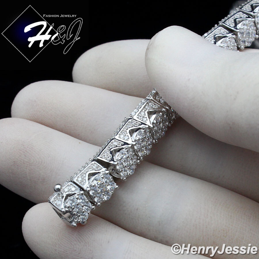 8.5″MEN SOLID 925 STERLING SILVER FULL ICY BLING CZ 8MM CHAIN LINK BRACELET*SB9