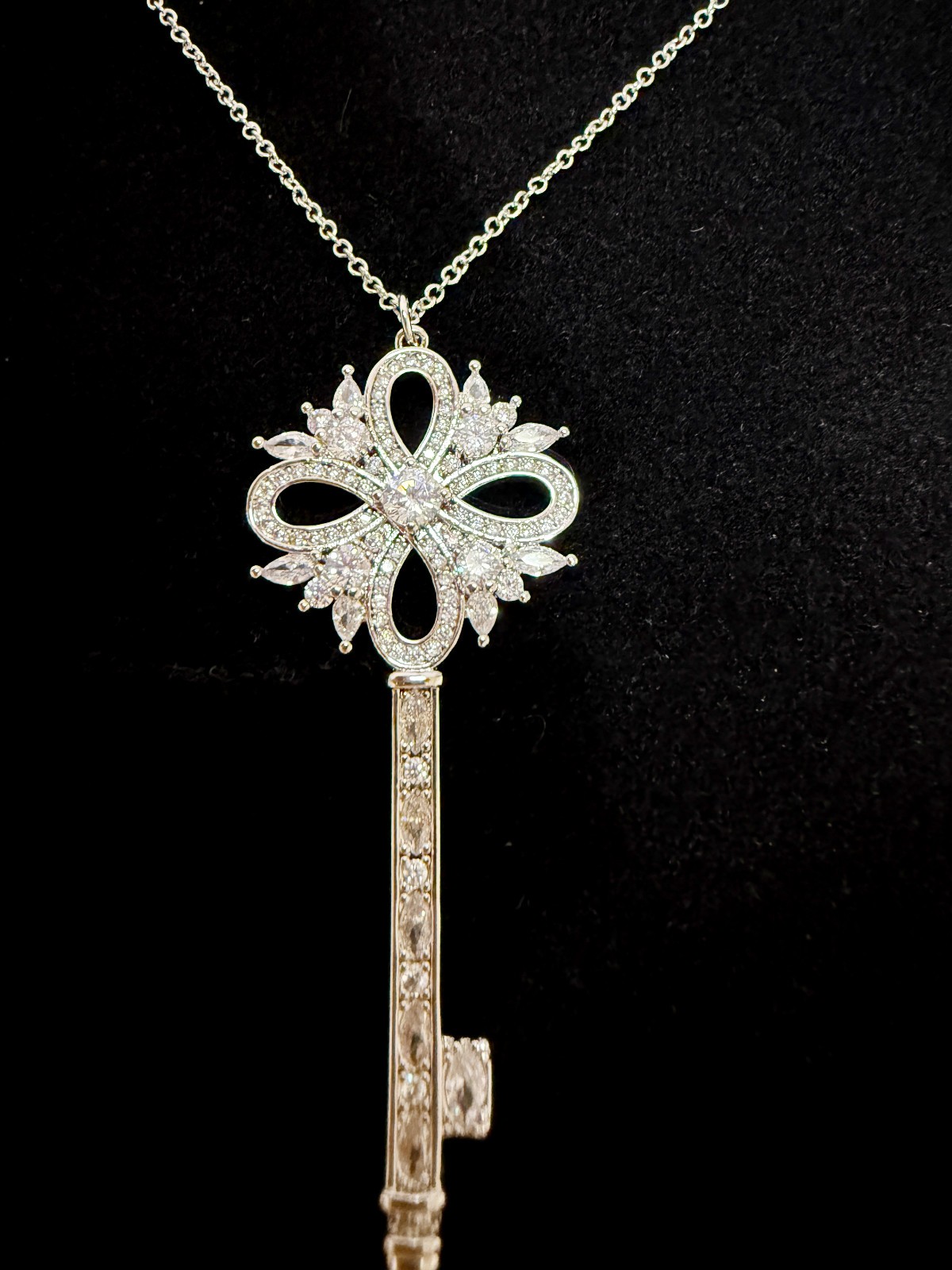 18K White Gold Plated Flower Key Pendant Necklace with Cubic Zirconia Stones