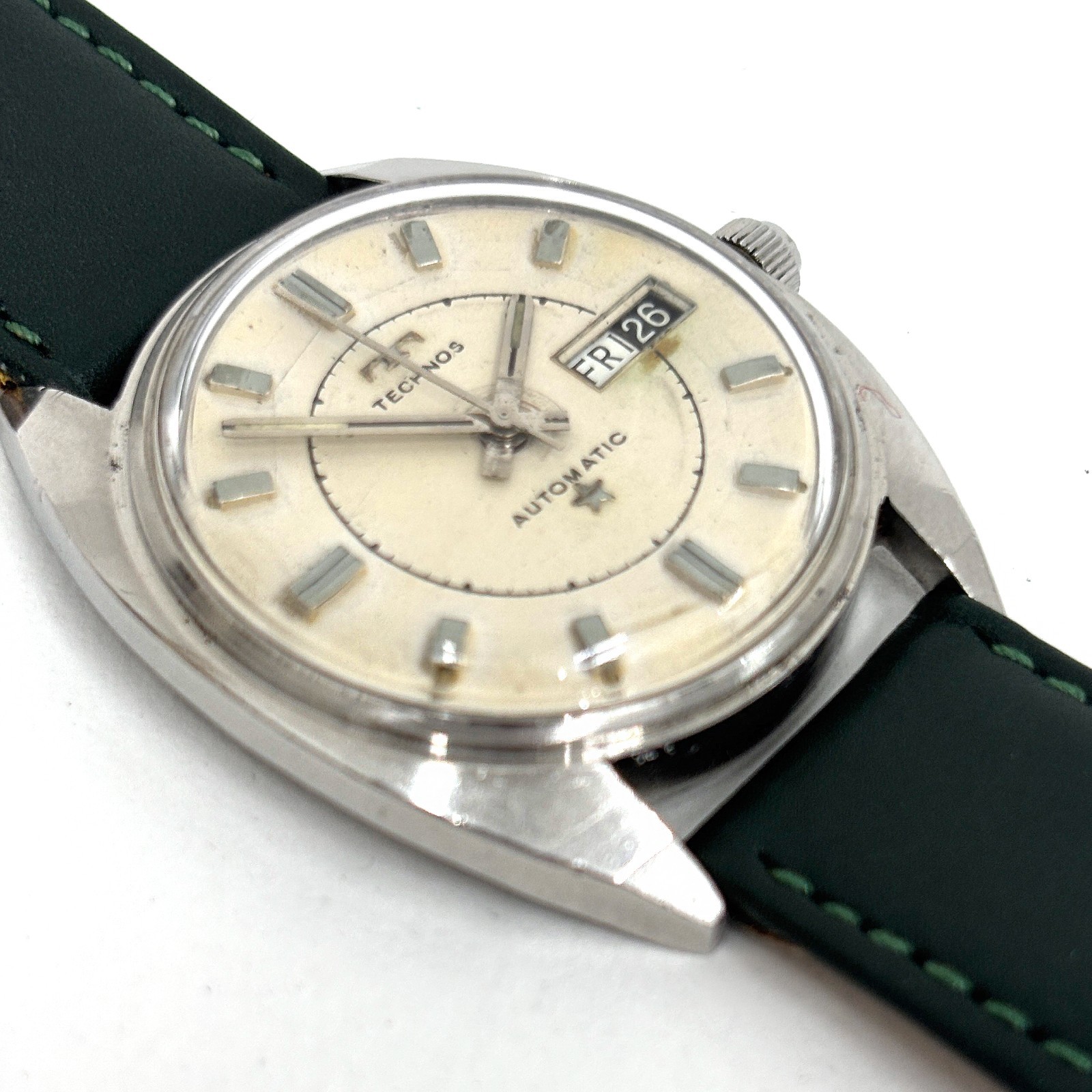 Vintage 1970s Technos Sky Light Automatic 35mm Day Date Swiss ETA 2638 Running