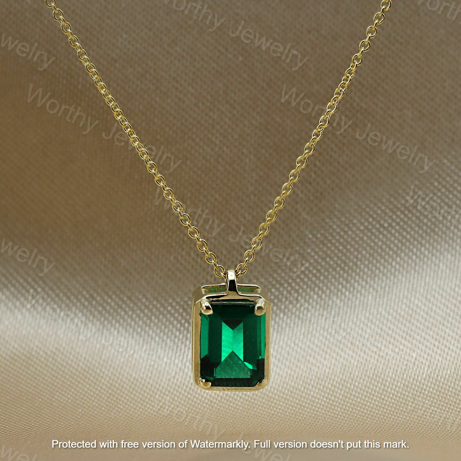 3Ct Emerald Cut Green Emerald Solitaire Pendant 14K Yellow Gold Finish 18″ Chain
