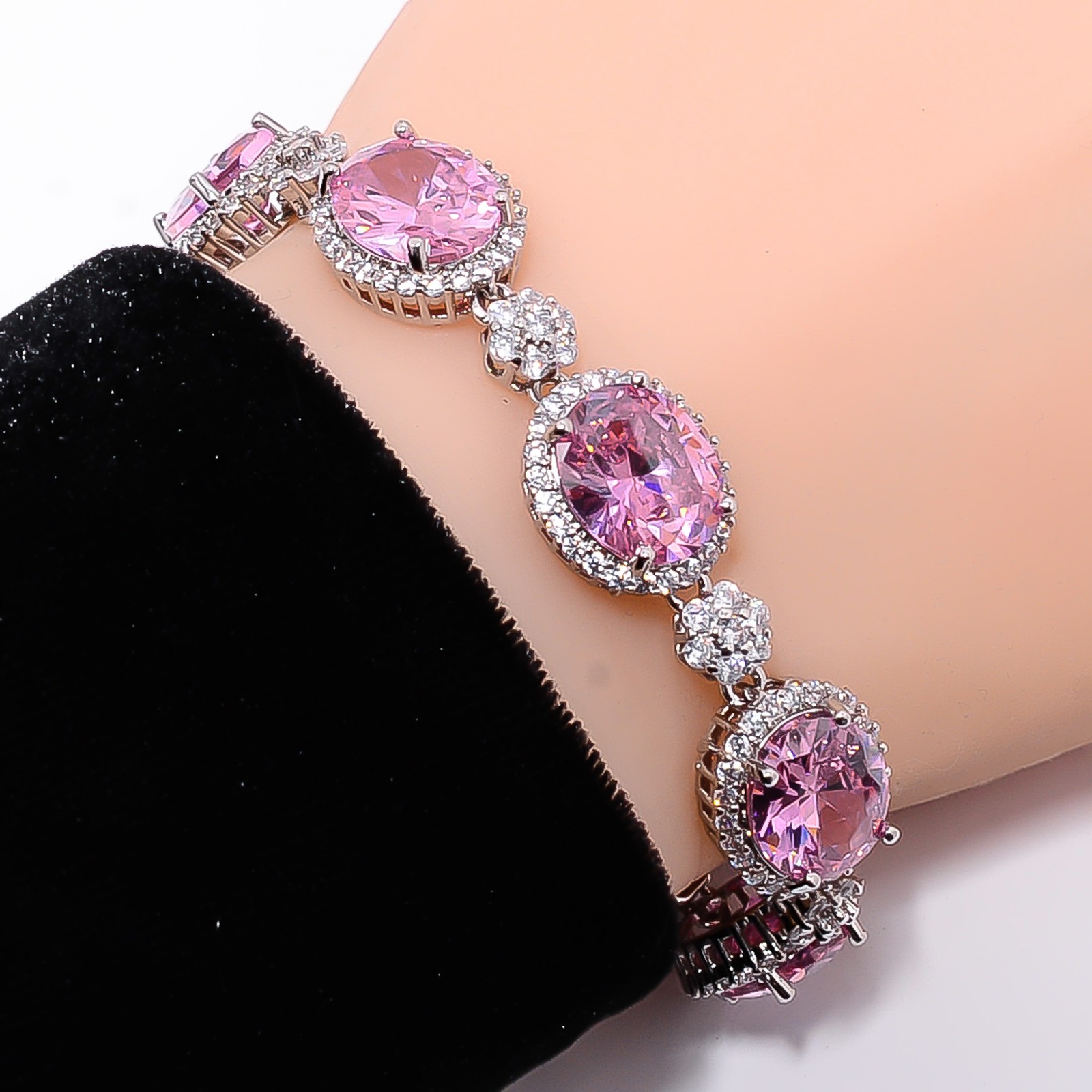 Pink Sapphire -Simulated, CZ 925 Sterling Silver Adjustable Bracelet 7-8″ B3242