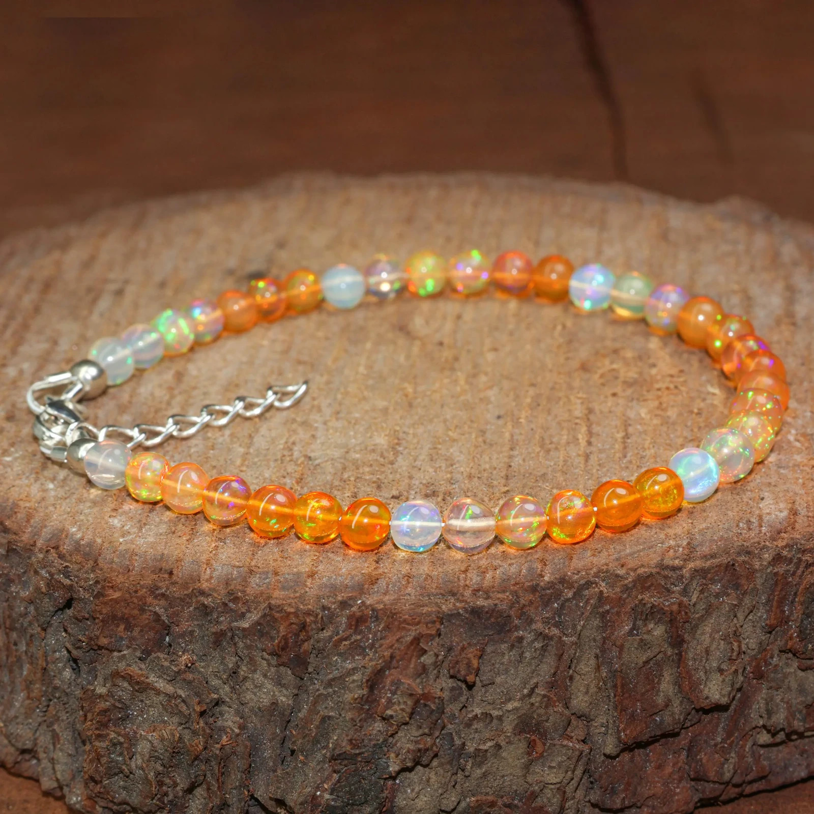 Orange Opal Gemstone Round Beads Bracelet, Genuine Fire Opal Beaded Bracelet