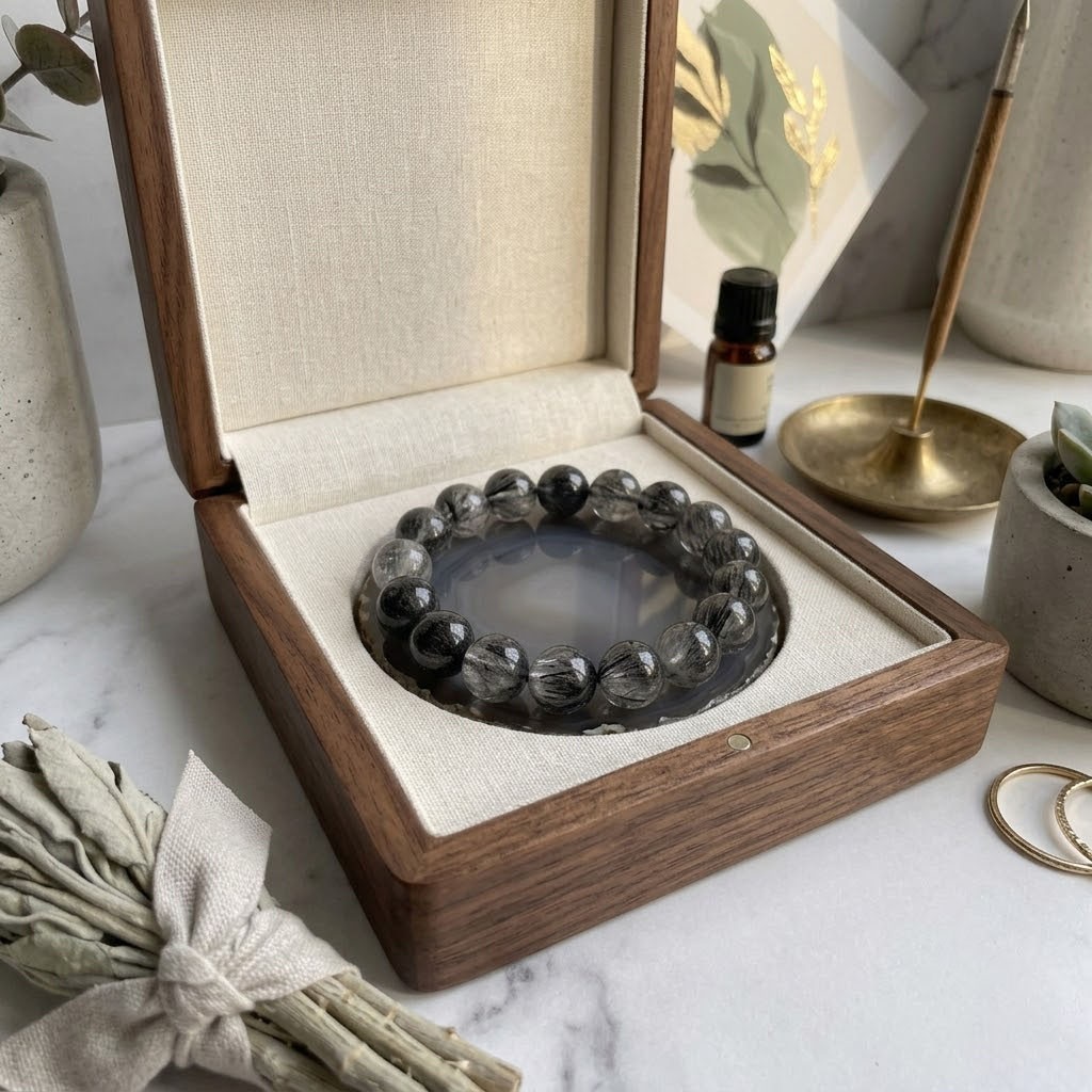 11mm Black Rutilated Quartz Bracelet Natural Crystal Round Beads 18 cm Stretch